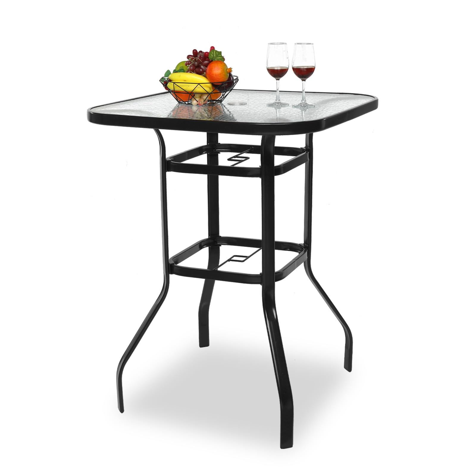 VINGLI Outdoor Bar Table with Umbrella Hole, Modern Black Metal Patio Bar Table, High Top Table for Outdoor Relaxation and Home Entertaining (Black, 31.5'x31.5'x40.3')