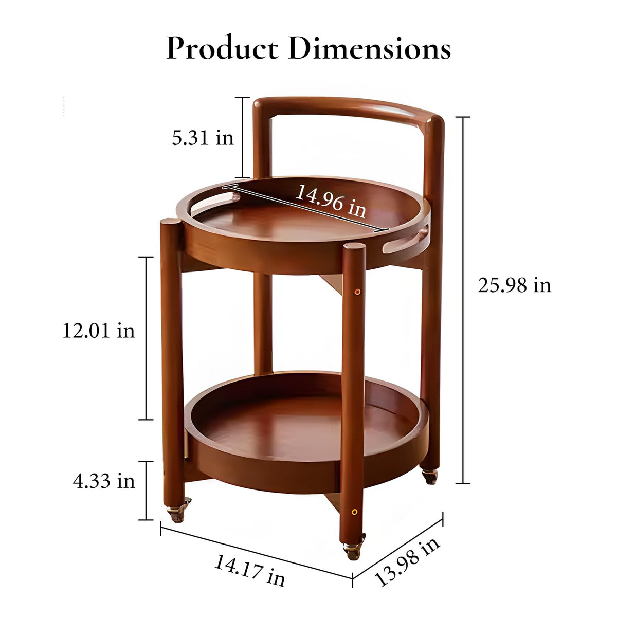 Cttasty Side Table with Wheels, Mid Century Modern Rolling End Table, Solid Wood Round End Table with Detachable Tray, Small Accent Table, Movable Coffee Table Cart(Walnut)