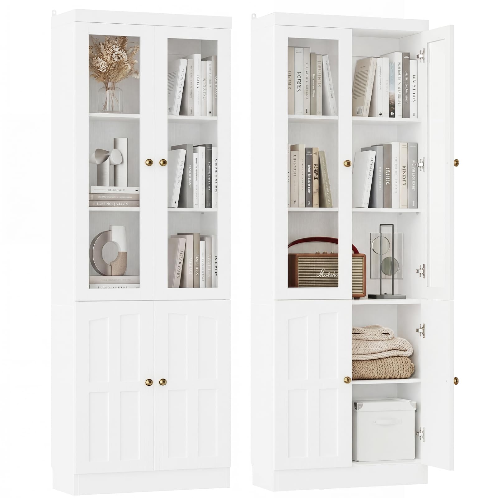 Cyclysio 80" Bookshelf with Glass Doors and Thickened Top Panel, Farmhouse Bookcase with Adjustable Shelves, Tall Bookshelf Display Cabinet for Living Room & Home Office, White, Set of 2