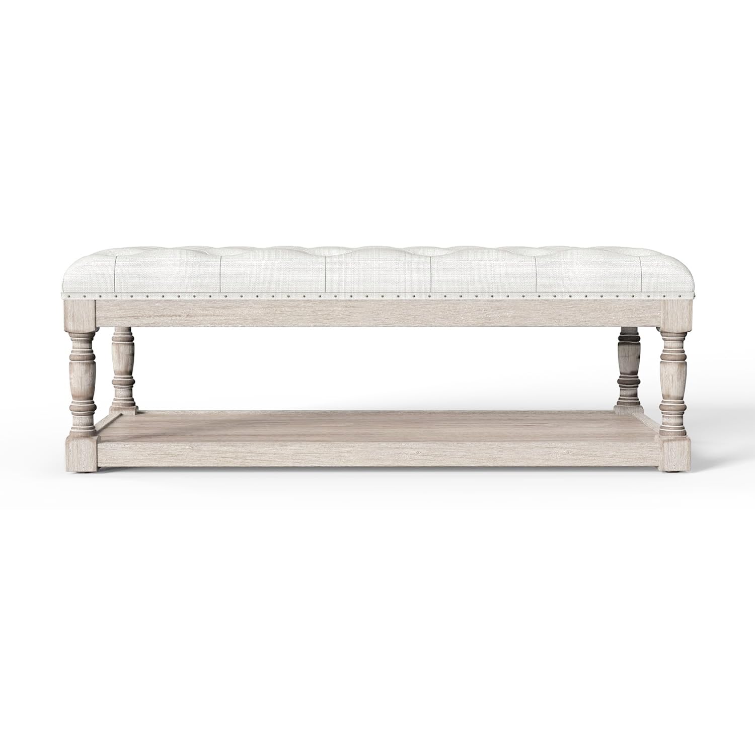 Cuzobro Ottoman Coffee Table, Large Rectangle Ottoman with Storage - Upholstered Cushioned Bench for Living Room, Tufted Linen Fabric with Solid Wood Shelf, Entryway Bench (Beige)