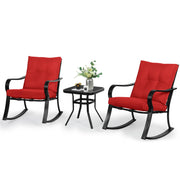 SOLAURA 3-Piece Outdoor Rocking Chairs Bistro Set, Black Iron Patio Furniture with Red Thickened Cushion & Glass-Top Coffee Table
