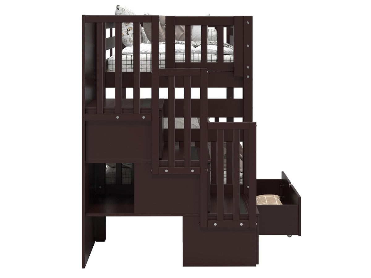 Bedz King Stairway Bunk Beds Twin Over Twin, 3 Step Drawers, 2 Storage Drawers, Dark Cherry