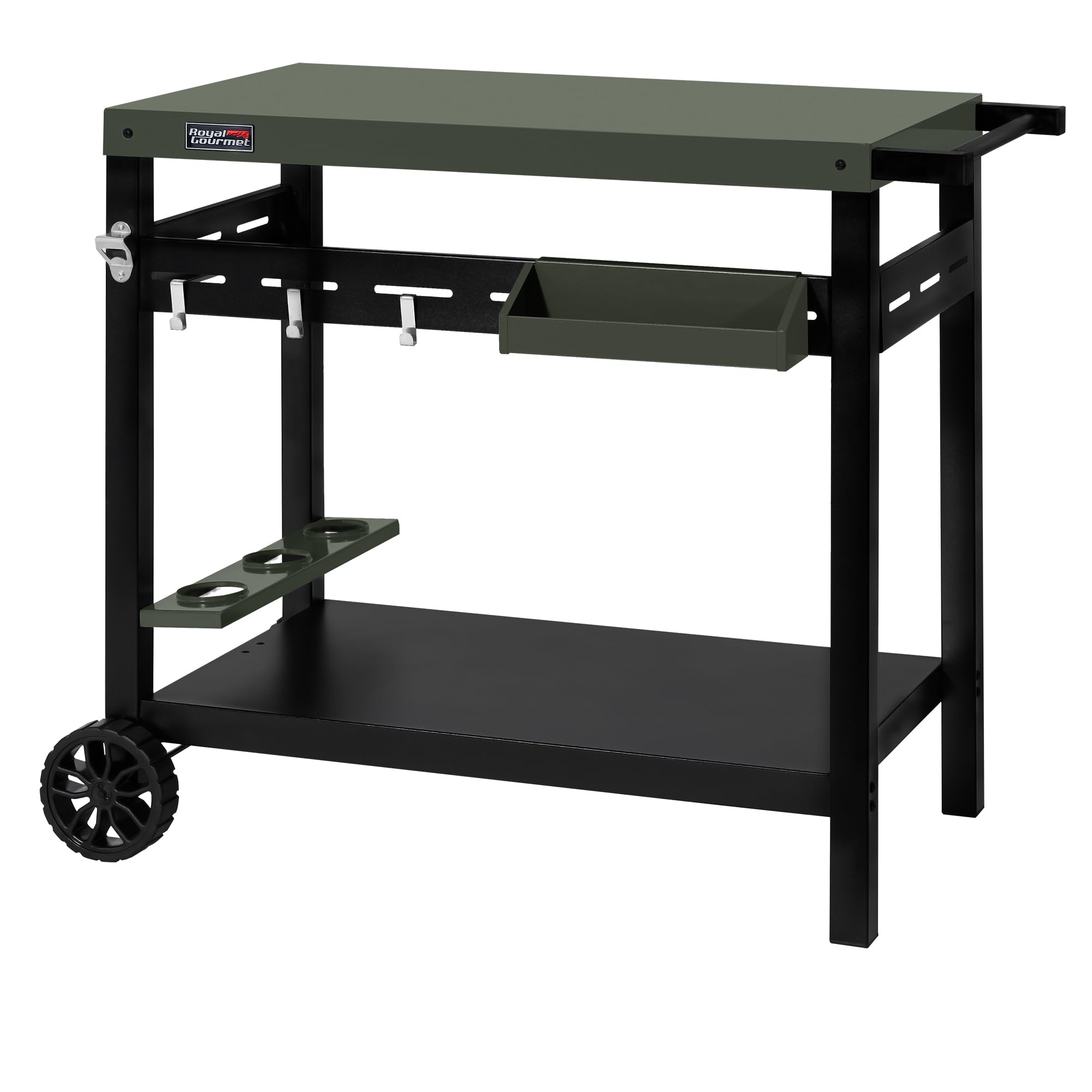 Grills House PC3406G Indoor/Outdoor Double-Tier Dining Cart, Sturdy Structure and Open Storage Shelf, Front Basket, Easily Mobility with 2 Wheels and Multifunctional Side Handle, Olive-Green