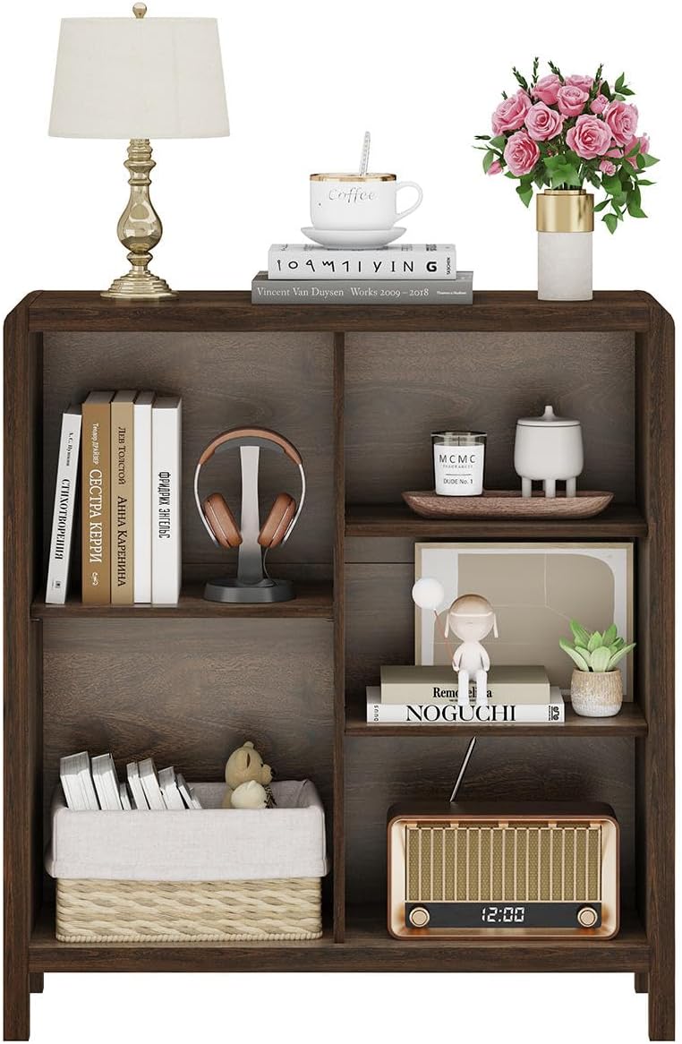 FATORRI 5 Cube Bookshelf, Wood Bookcase with 3 Adjustable Shelves, Farmhouse Cube Storage Organizer Shelf for Small Space Bedroom Living Room (Dark Walnut)