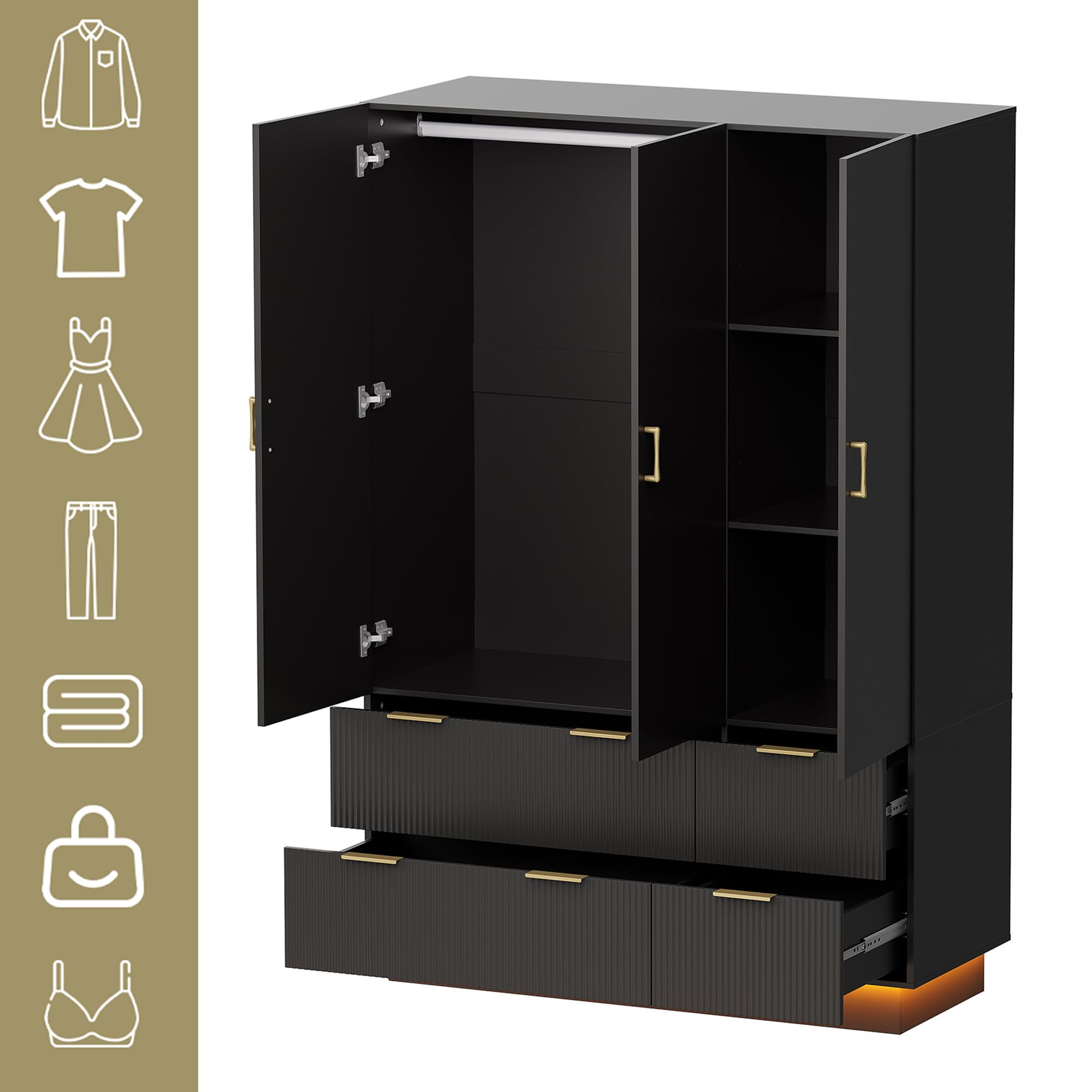 PAKASEPT Large Wardrobe Closet, Armoire Closet with Door and Mirror, LED Lights, Hanging Rod, Drawers, Armoires and Wardrobes for Bedroom (Black)