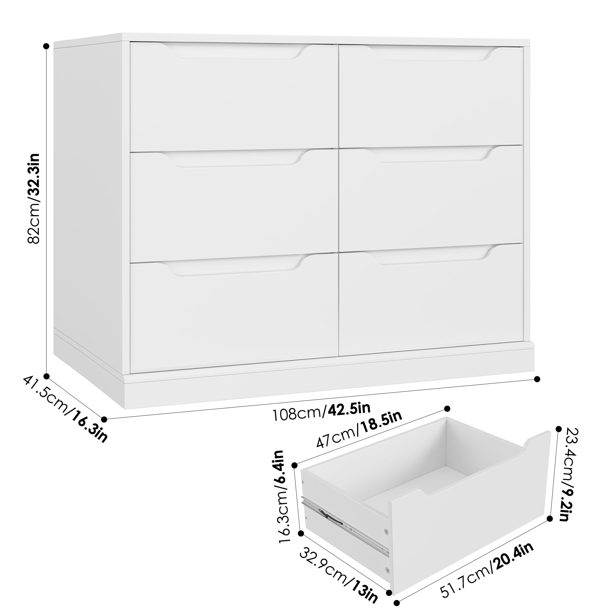 HOSTACK Modern 6 Drawer Dresser, Double Chest of Drawers with Storage, Large Wooden Storage Dresser Organizer with Cut-Out Handles, Accent Storage Cabinet for Living Room, Entryway, White