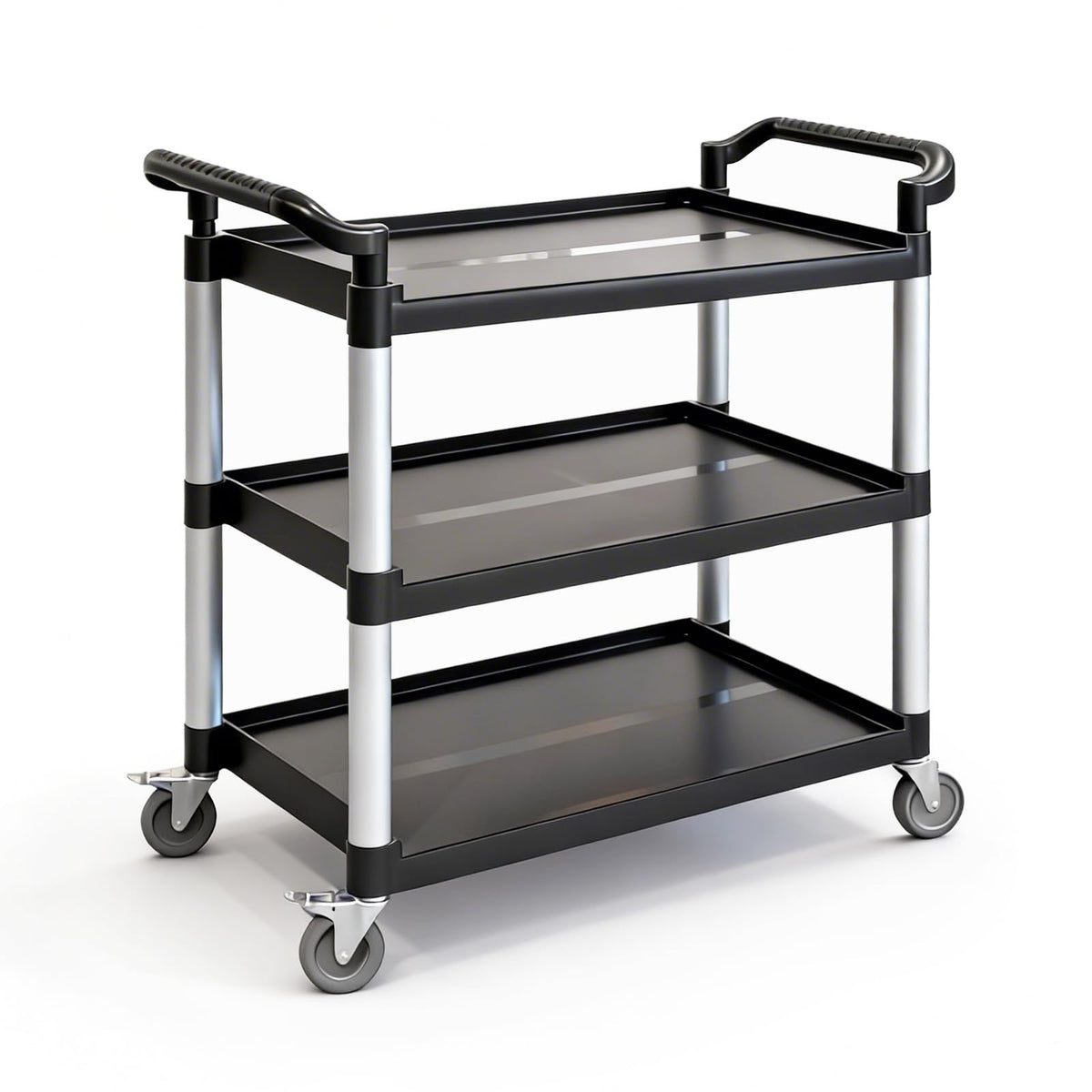 FNOONXY Plastic Commercial Cart Large Size, Restaurant Cart with Wheels Lockable, Heavy Duty Utility Service Cart for Foodservice, Commercial,Office, Warehouse, Black, Load Capacity 510 lbs (231 kg)