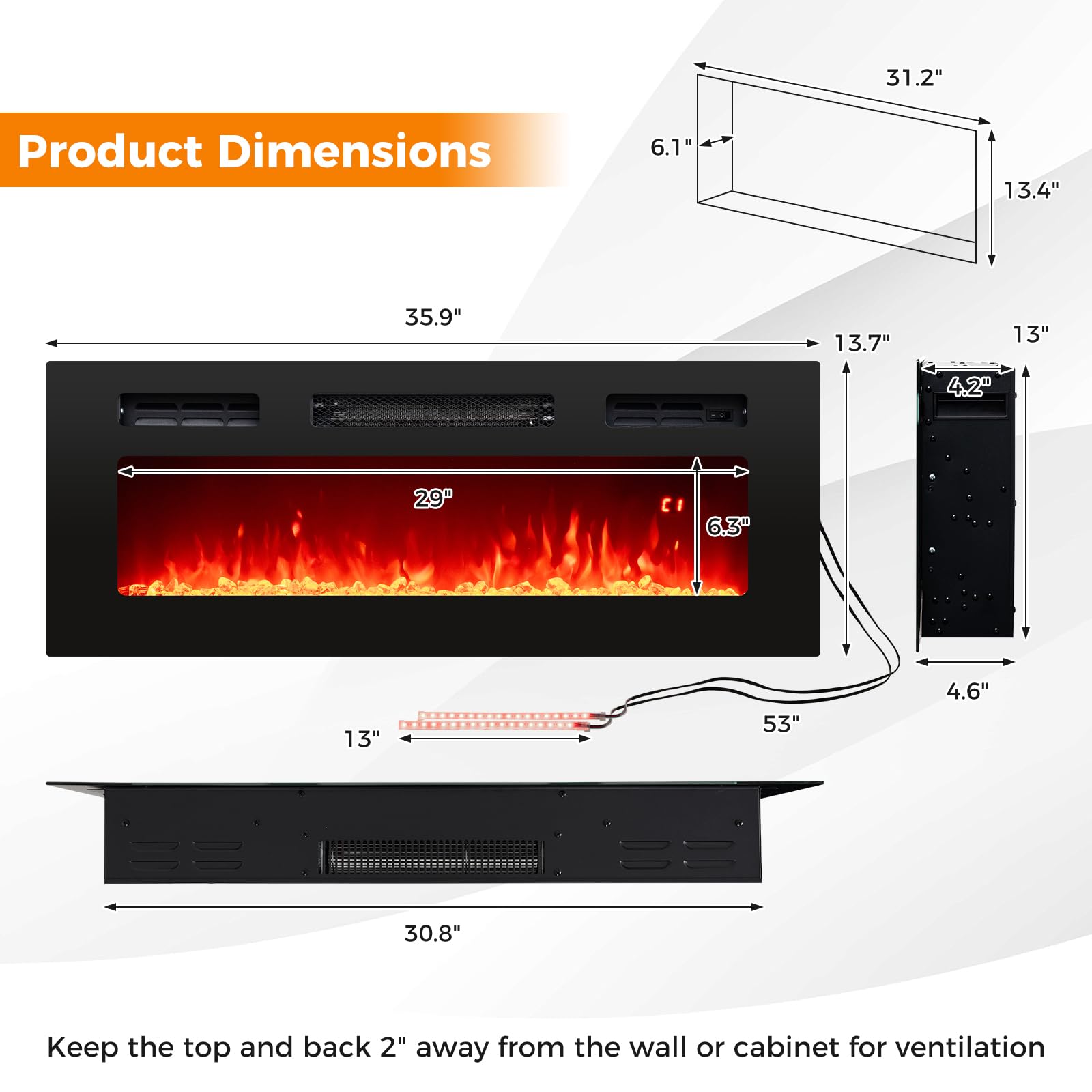 Tangkula 36 Inches Electric Fireplace, 5,000 BTU Fireplace Insert with LED Light Strips, Remote, Crystal Stones & Adjustable Flame Effect, 1-8H Timer, Thermostat & Overheat Protection