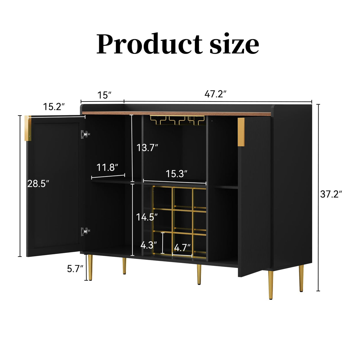 ARTPOWER 48" Wine Bar Cabinet with Fluted Texture, Buffet Sideboard, Black