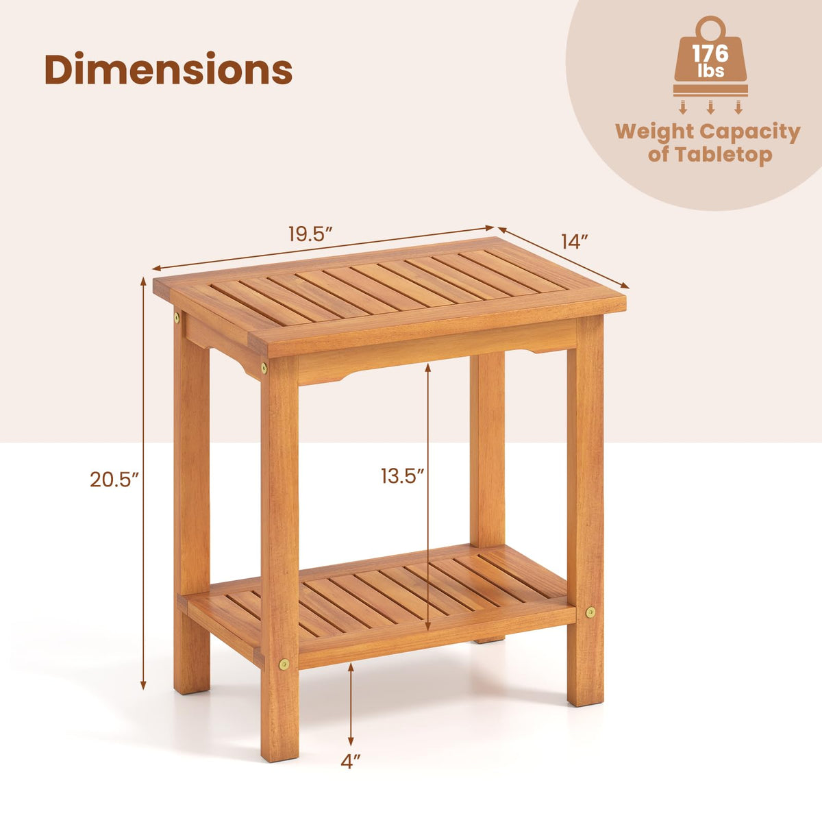 Tangkula Outdoor Side Table, 2-Tier Patio End Table with Slatted Tabletop & Storage Shelf, Acacia Wood Accent Bistro Table for Backyard, Poolside, Garden, Indoor, Natural (2)