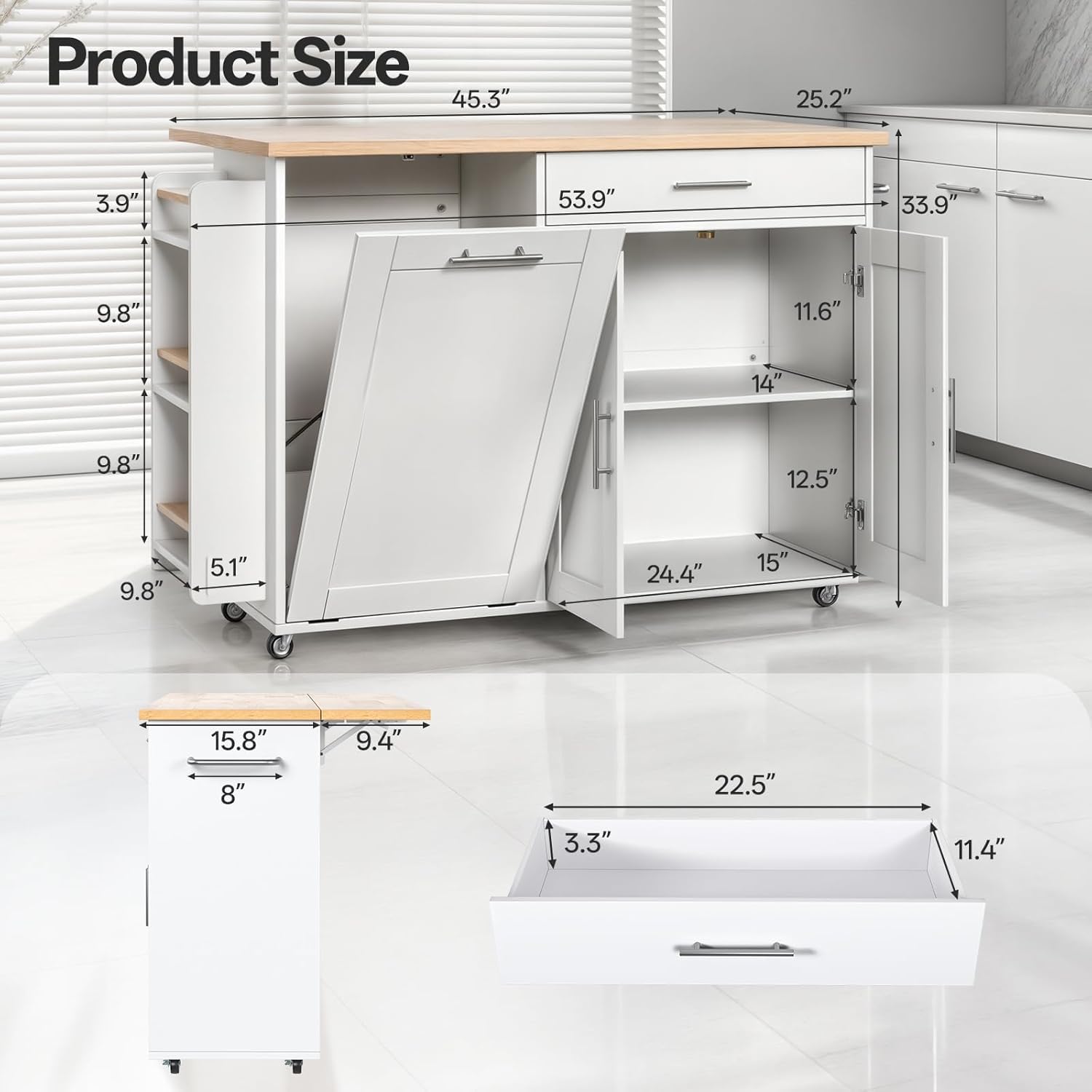LotaTools 53.9" Rolling Kitchen Island Cart with Drop Leaf & Storage - Mobile Kitchen Organizer with Wheels, Rubberwood Top, Trash Bin Cabinet & Towel Rack, White Farmhouse Style for Small Spaces