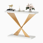 Console Table – White Faux Marble, Gold X-Frame