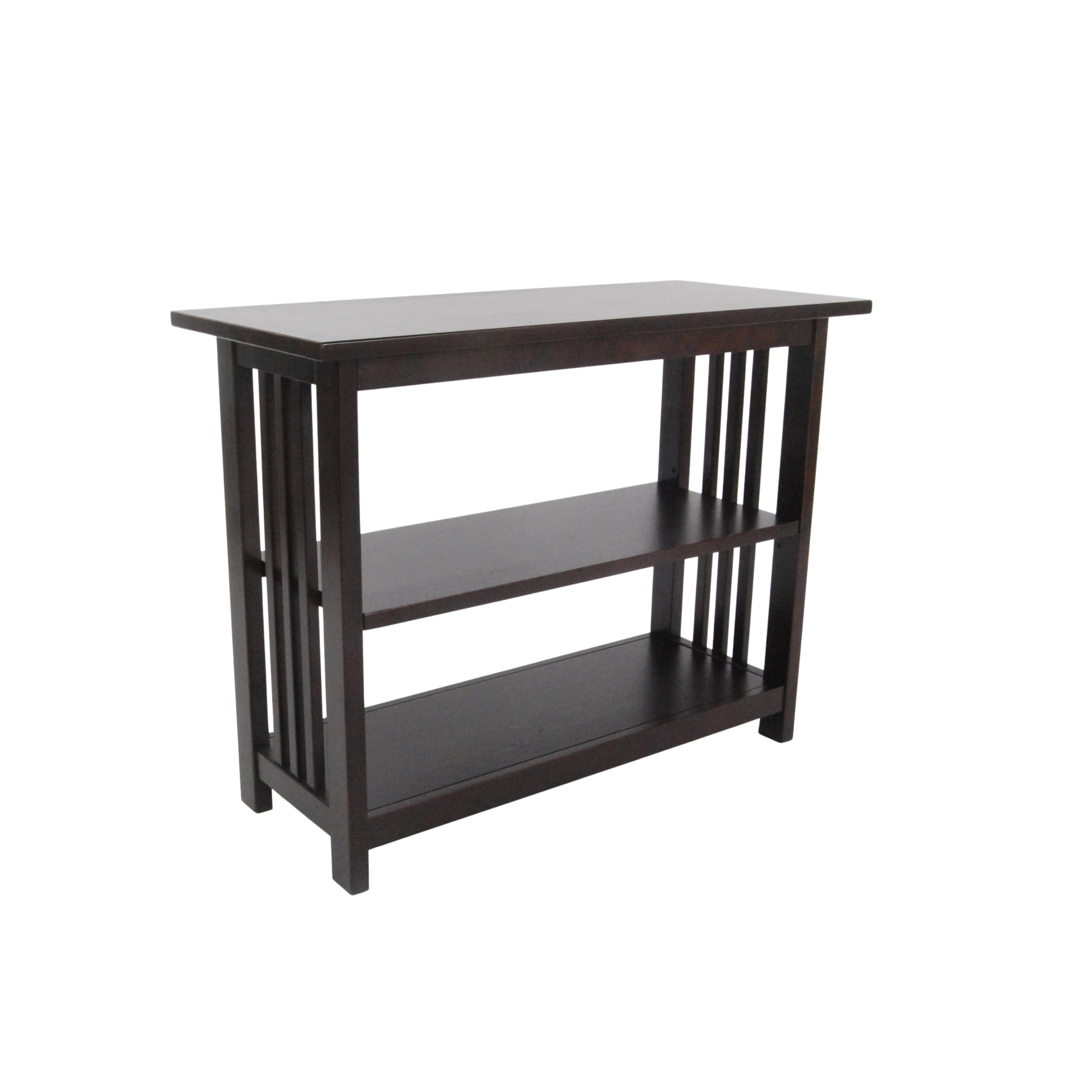 Alaterre Furniture Mission 3-Tier Under Window Bookshelf with Adjustable Middle Shelf and Vertical Slat Side Panels – Space Saving Bookcase for Office, Living Room, or Bedroom (Espresso)