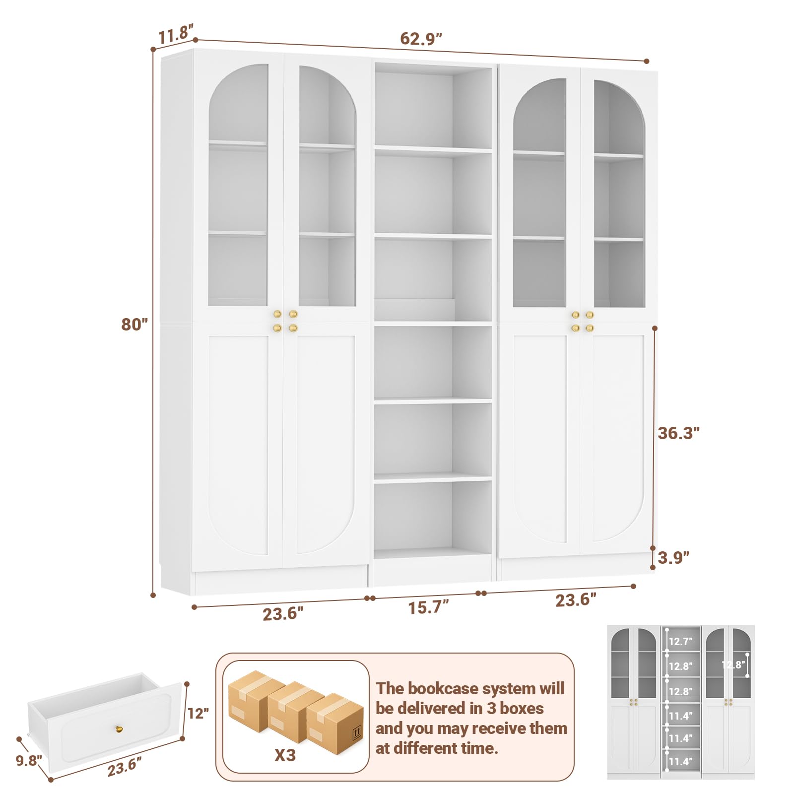 Cyclysio 80" Tall Bookcase System with 4 Tempered Glass Doors, Arched Corner Bookshelf with 6-Tier Open Shelves, Wooden Pantry Storage Organizer with Baseboard Cutout for Living Room