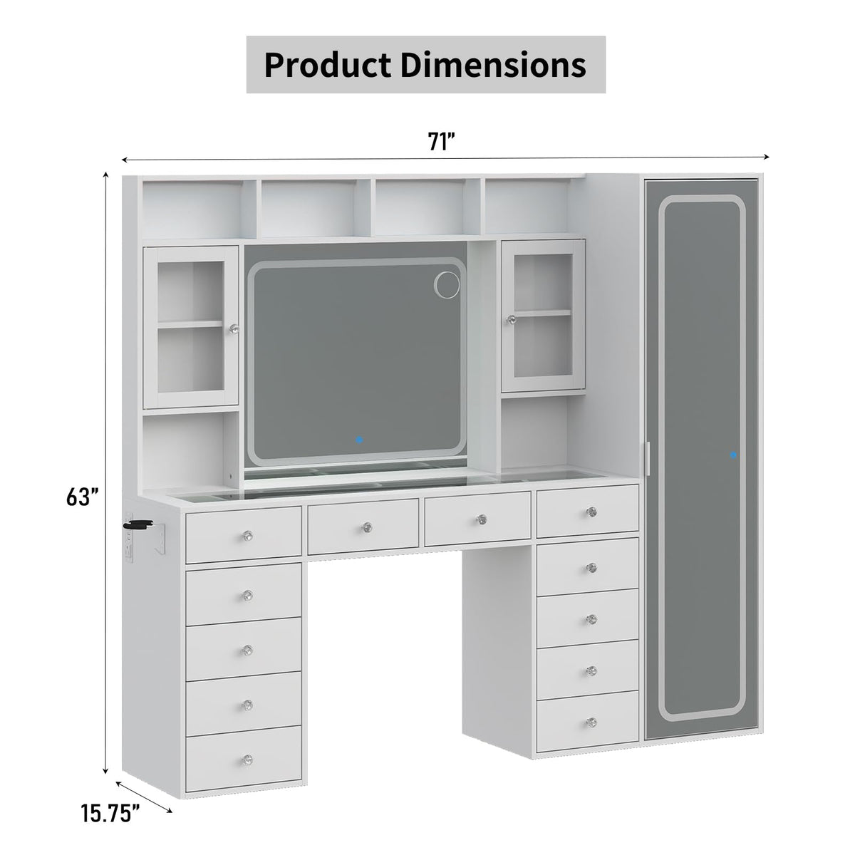 White LED Makeup Vanity with 12 Drawers