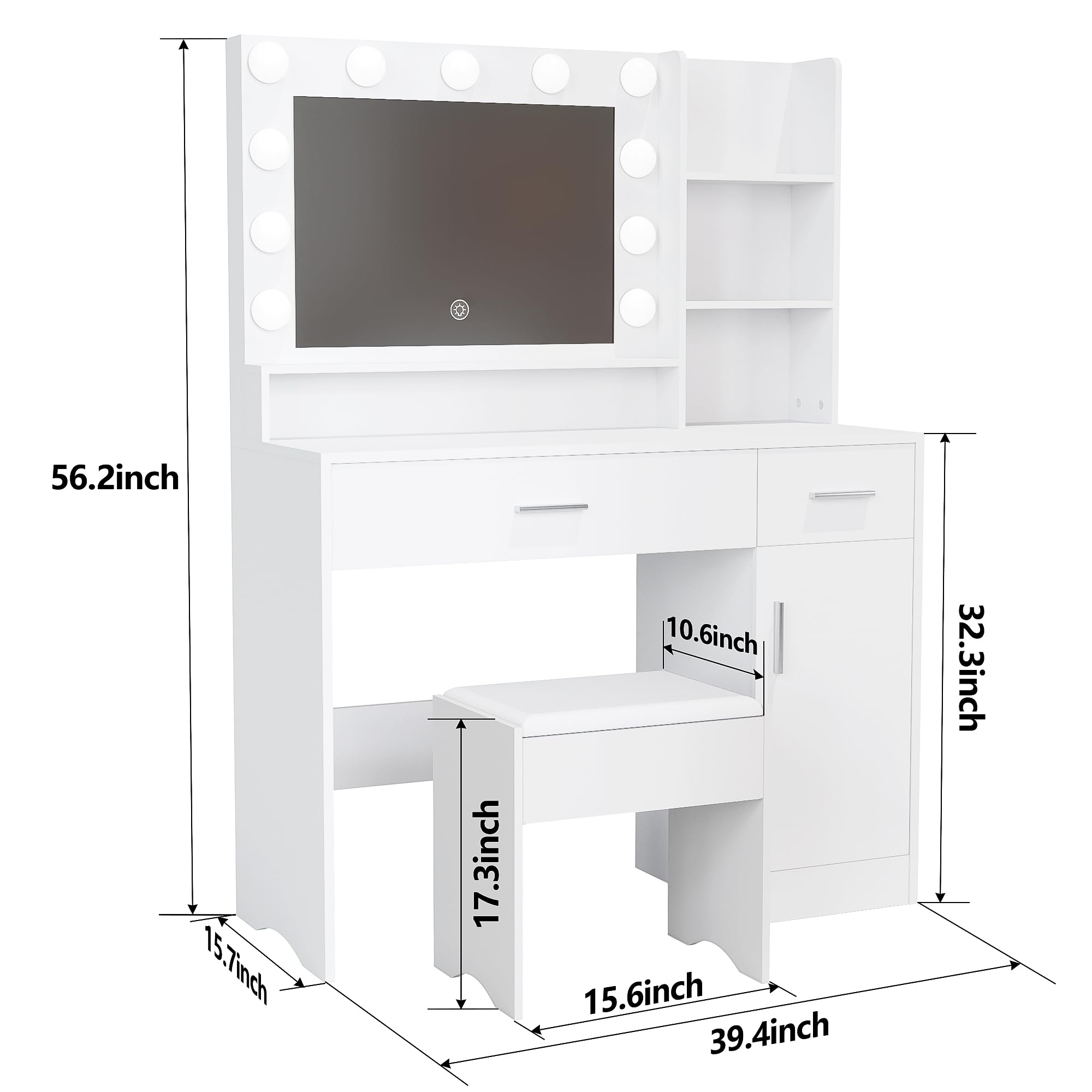 Trumbeak Vanity Desk with Mirror and LED Lights,Vanity Desk with 3 Drawers & 3 Storage Shelves,Vanity Table with Chair,Three Adjustable Lighting Modes,Bedroom Vanity,White