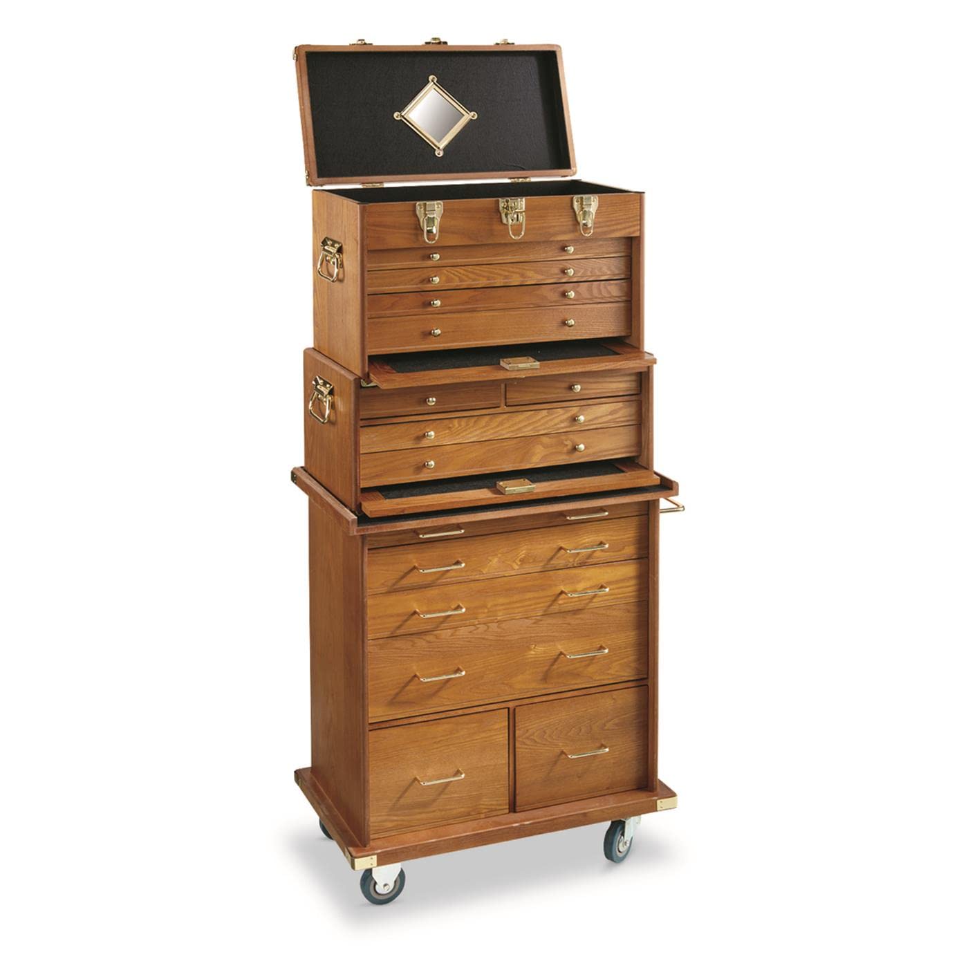 CASTLECREEK 4-Drawer Collector's Chest, Wooden Desk Storage Box Organizer Lockable Compartments Oak