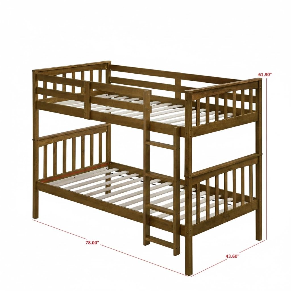 HOME DESIGN Ames Twin Over Twin Solid Wood Bunk Bed Frame, Brown
