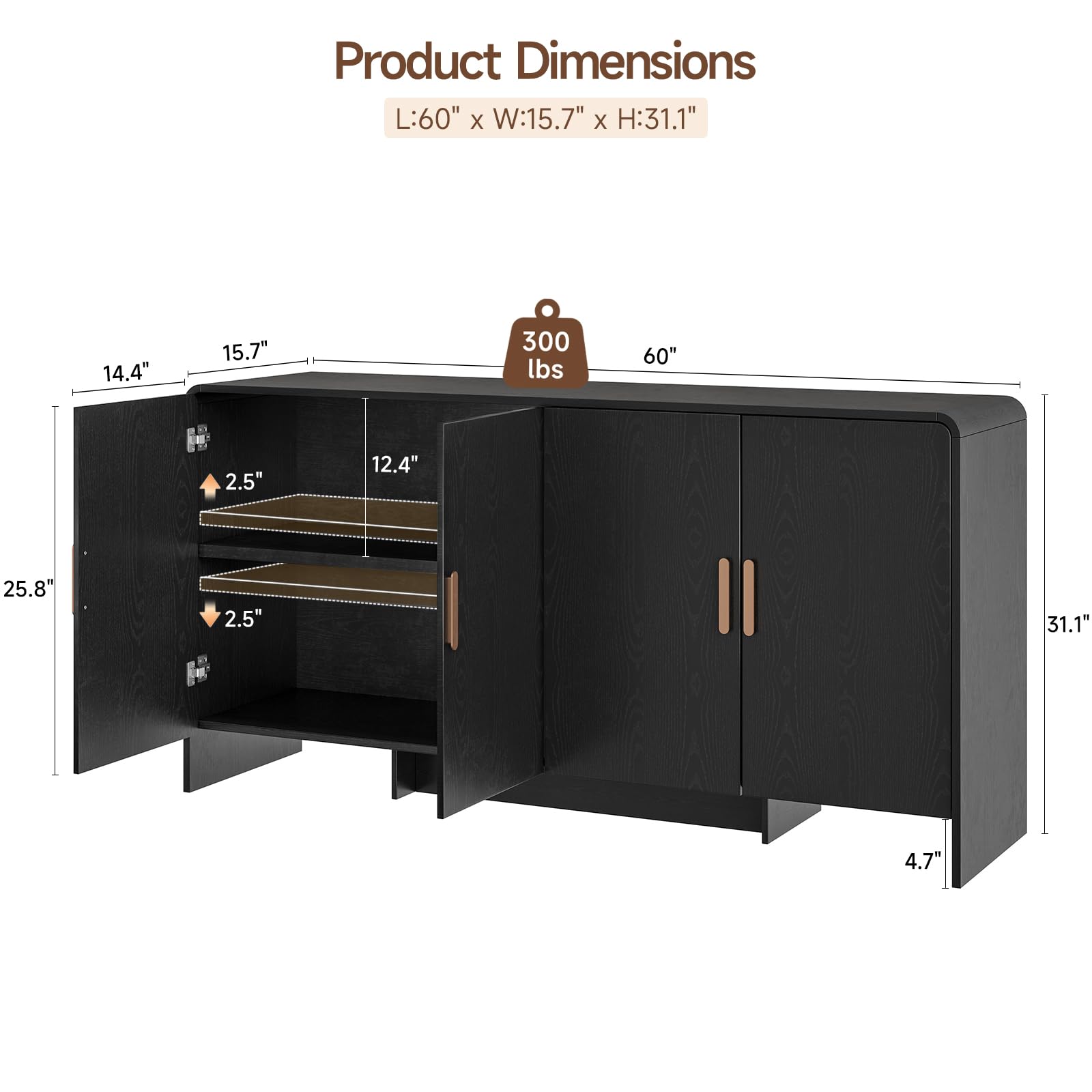 ONBRILL 60" Sideboard Buffet Cabinet with Storage, Curved Design Farmhouse Modern Coffee Bar Cabinet with 4 Doors & Adjustable Shelves for Living Room, Kitchen, Hallway, Black
