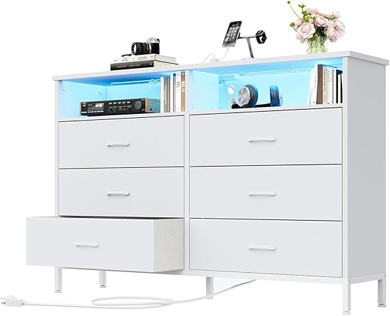 6-Drawer Fabric Dresser with LED Light & Charging Station