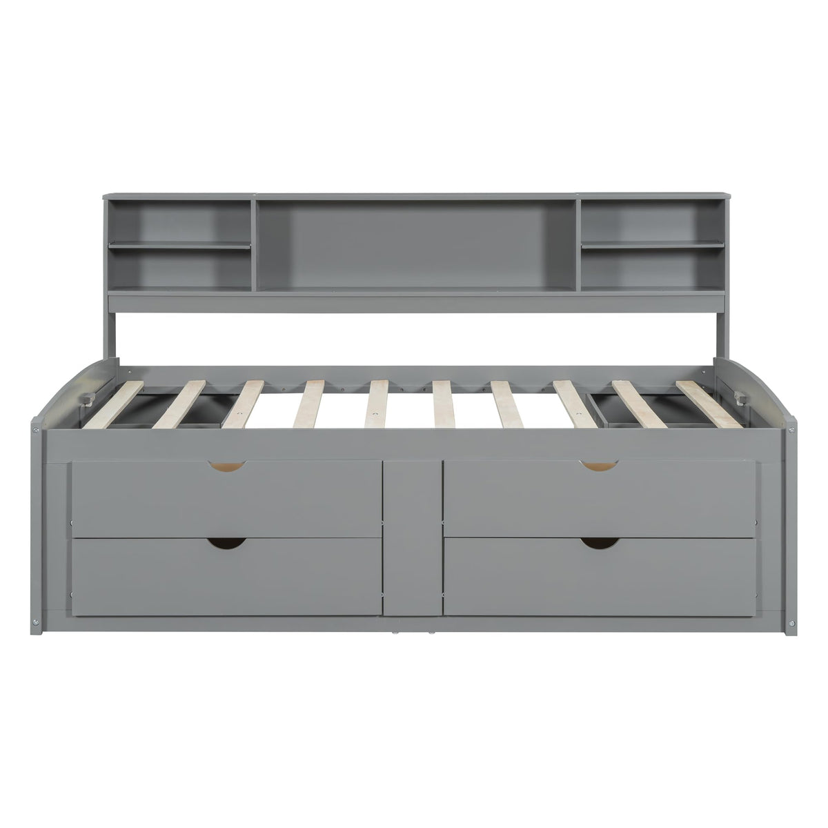 SOFTSEA Full Captains Bed with Drawers & Shelves, Wood Storage Daybed, Grey
