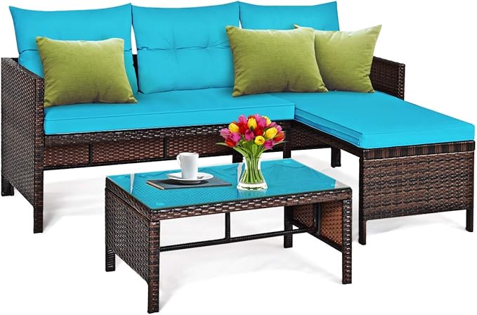 L-Shaped Outdoor Sectional Sofa Set, 3-Piece PE Rattan Patio Furniture with Coffee Table