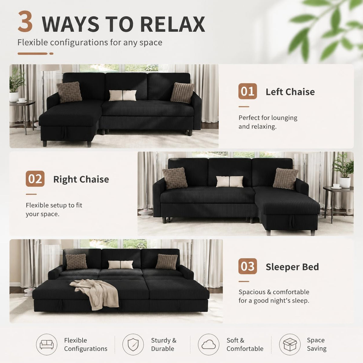 Corduroy Sectional Sleeper Sofa