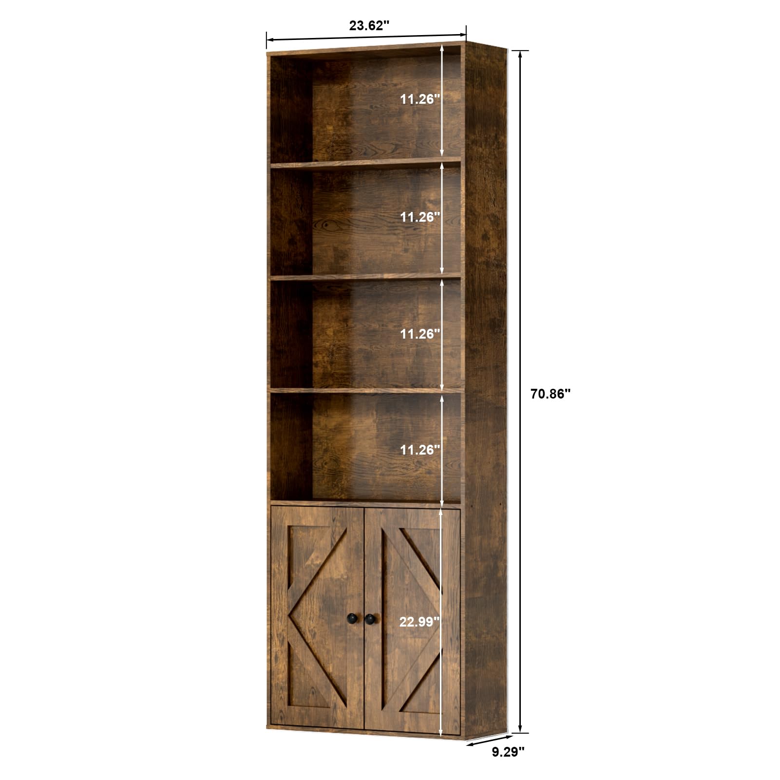 Shoueryaes Bookshelf, 6-Tier Floor Bookcase with 2 Bottom Doors, 9.29"x23.62"x70.86", Storage Cabinet Bookshelves for Home Office, Living Room, Bedroom-Brown