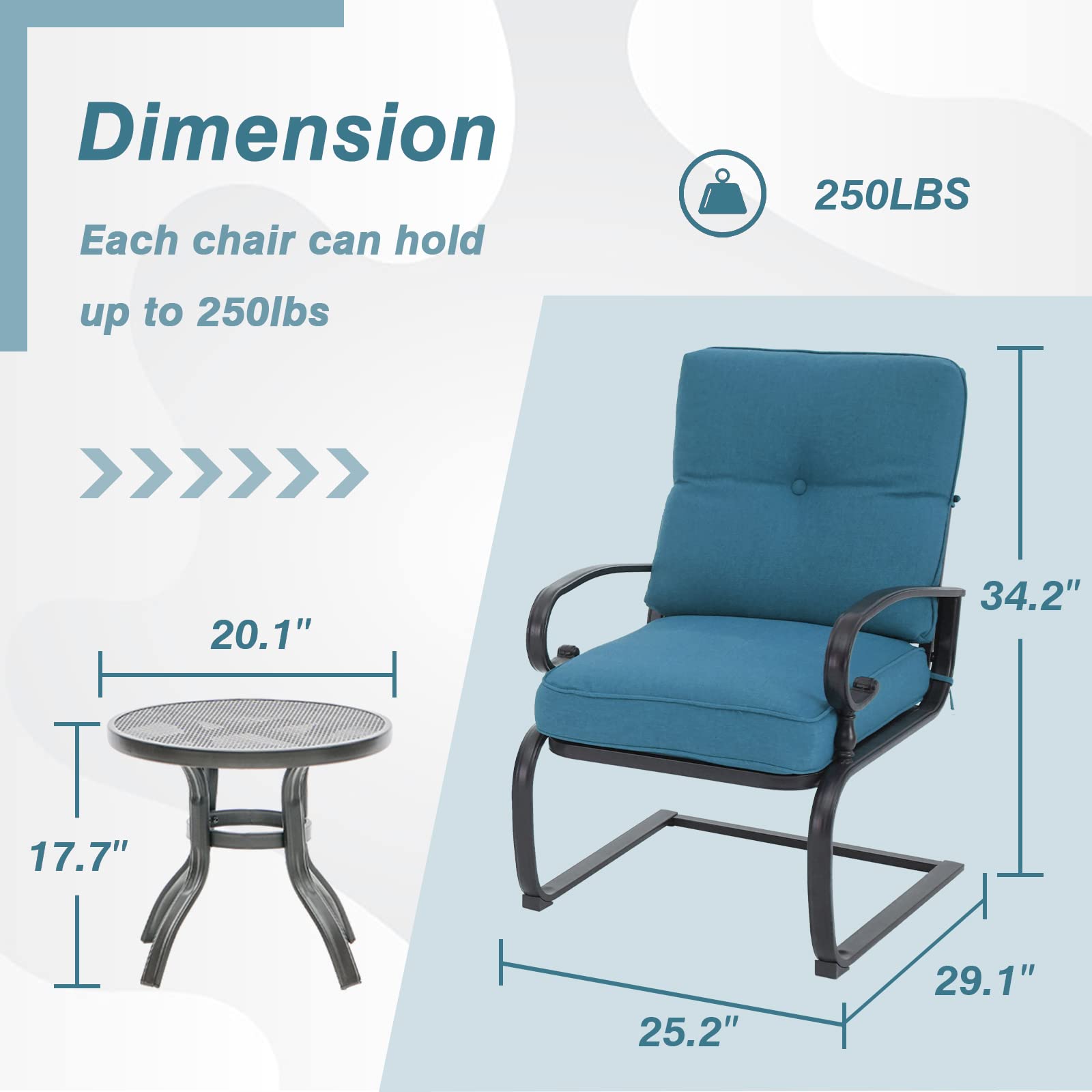 Oakcloud Outdoor Bistro Set 3-Piece Spring Metal Lounge Cushioned Chairs and Bistro Table Set Wrought Iron Cafe Furniture Seat, Blue
