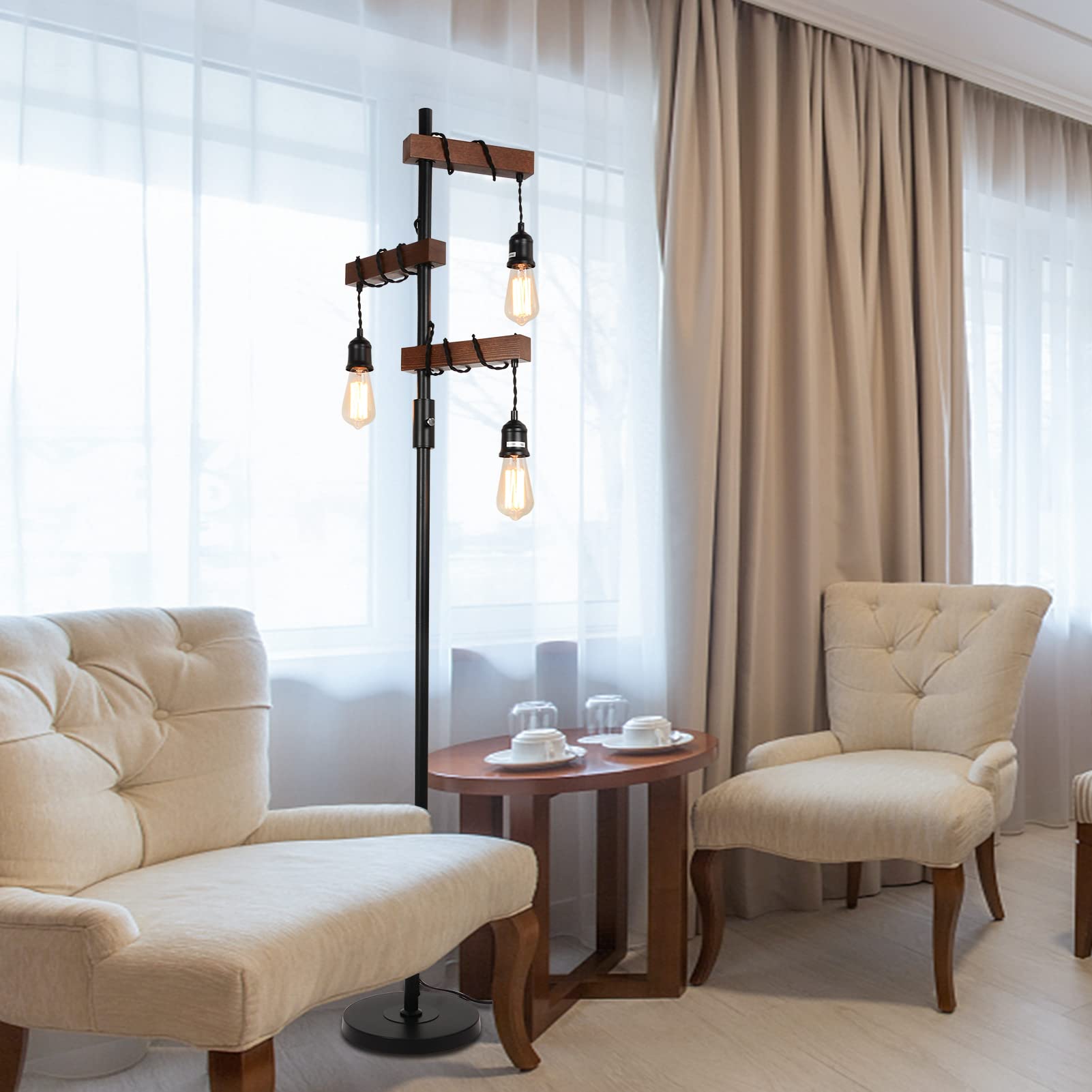 3-Head Wood Floor Lamp with Dimmable Switch