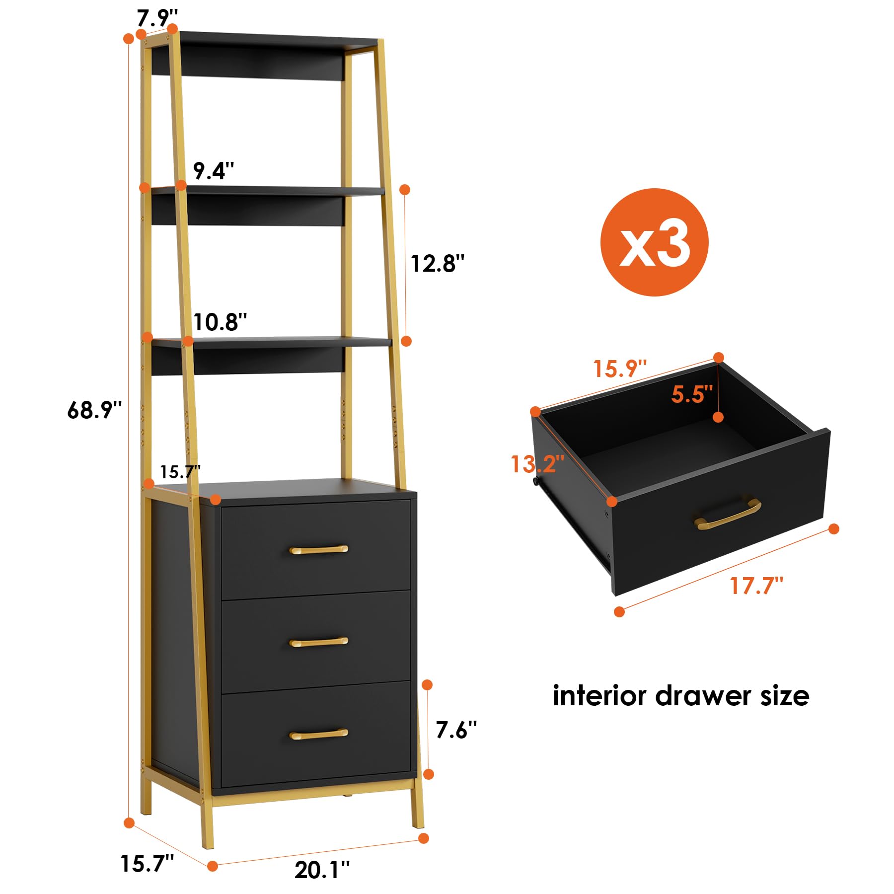 4-Tier Ladder Bookshelf with 3 Drawers