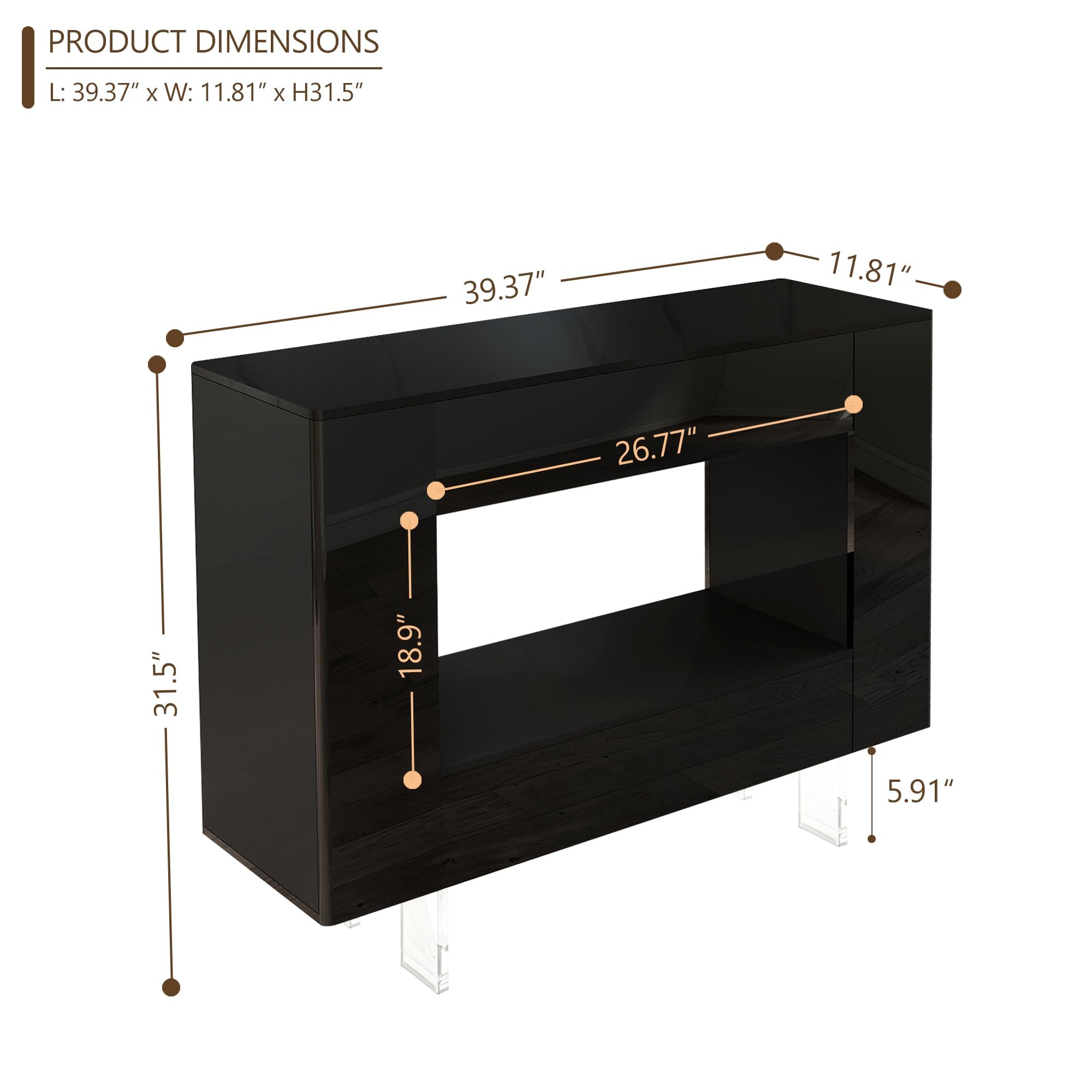 Vavkorkula Console Table, High Gloss Entryway Table with Hidden Storage Cabinets, Adjustable Shelves, Modern Sofa Table for Behind The Couch, Living Room, Hallway, Black