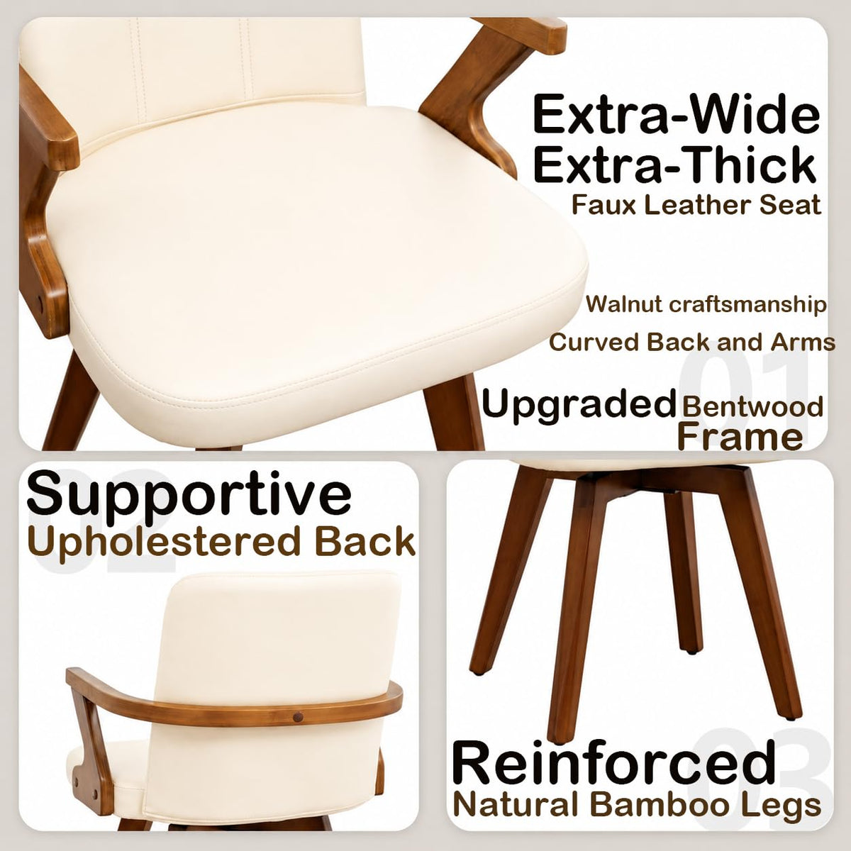Mid Century Modern Home Office Chair with Walnut Finish, Ergonomic Faux Leather Desk Chair with Silent Rolling Wheels, Curved Back and Arms (Beige - Wooden Legs, Set of 1)