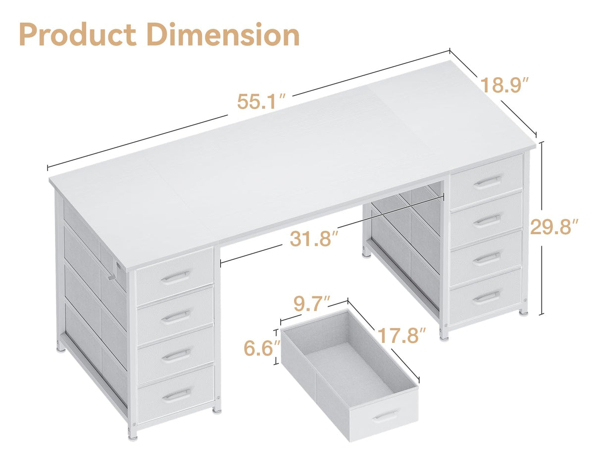 White Computer Desk with 8 Drawers