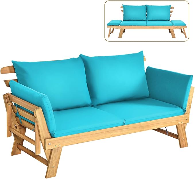 Acacia Wood Outdoor Daybed with Adjustable Armrests & Cushions
