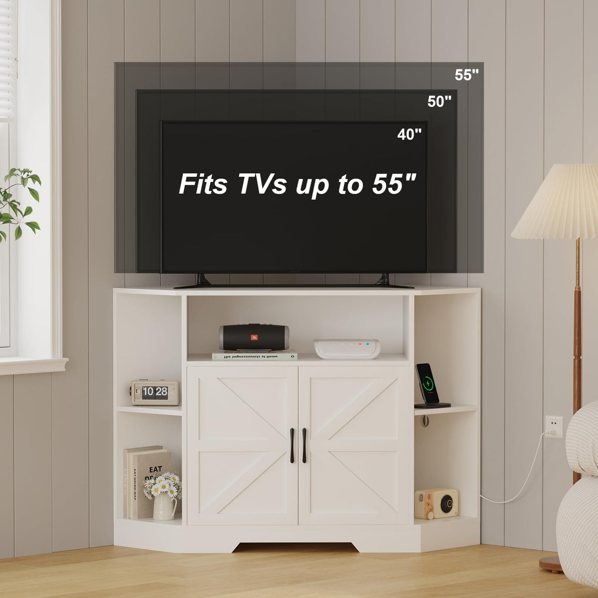 Garvee Corner TV Stand for TVs Up to 55 Inch with Power Outlet & Barn Doors