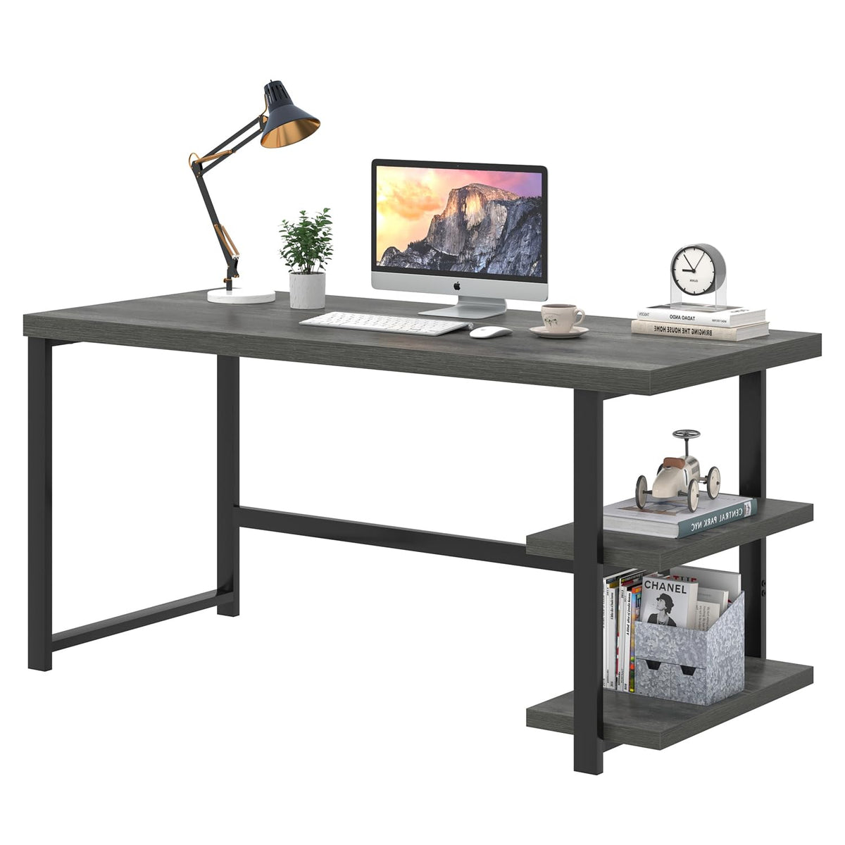 EXCEFUR Industrial Computer Desk, Home Office Desk with Storage Shelves, Wood Study Writing Table for Bedroom, Living Room, Grey, 53 Inch