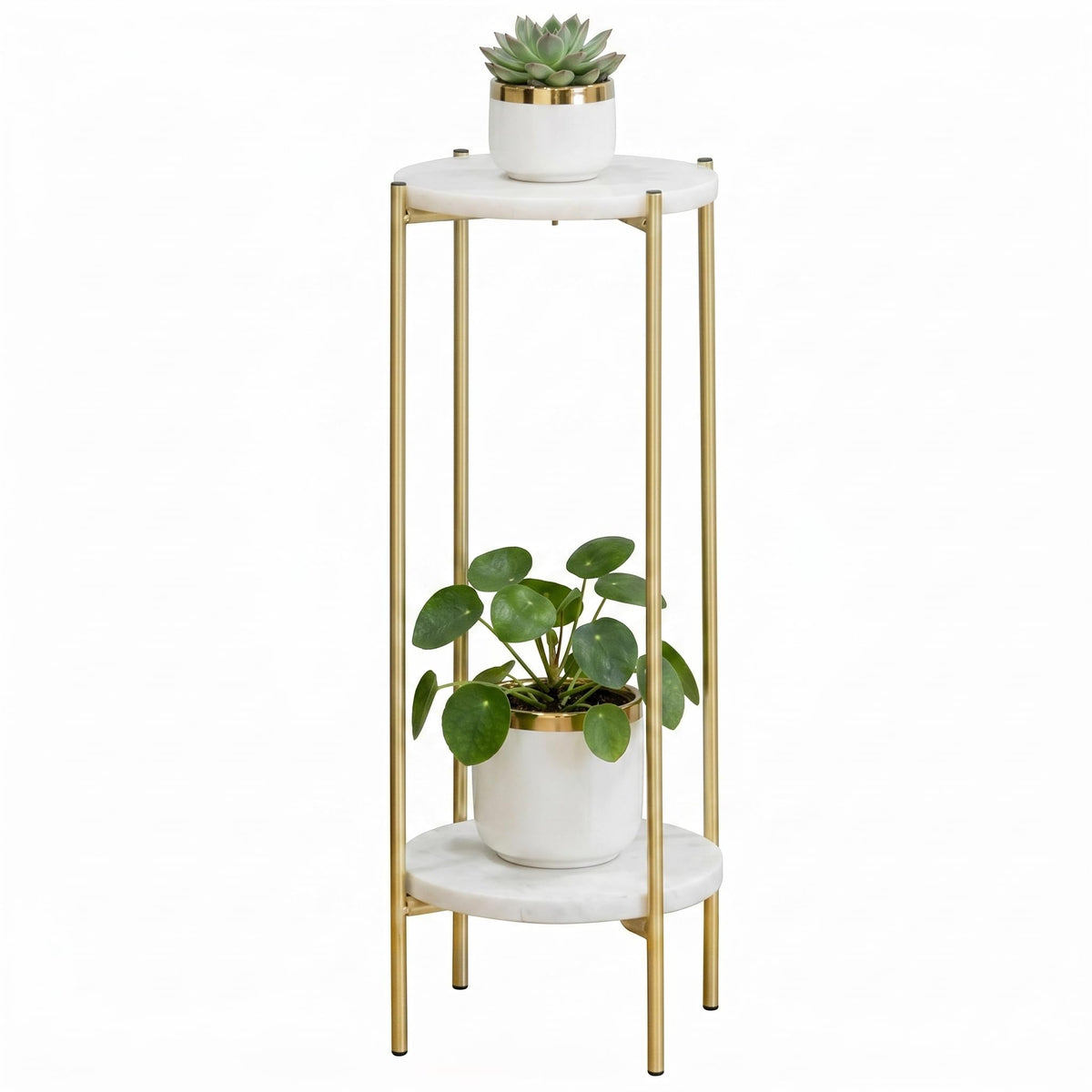 ALPOME Gold Plant Stand Indoor Tall - 2 Tier White Marble Top Side Table, 29.5 Inch Modern Round Metal End Table for Living Room Corner, Small Bedside Tables for Entryway & Bedroom (11x11, Gold)