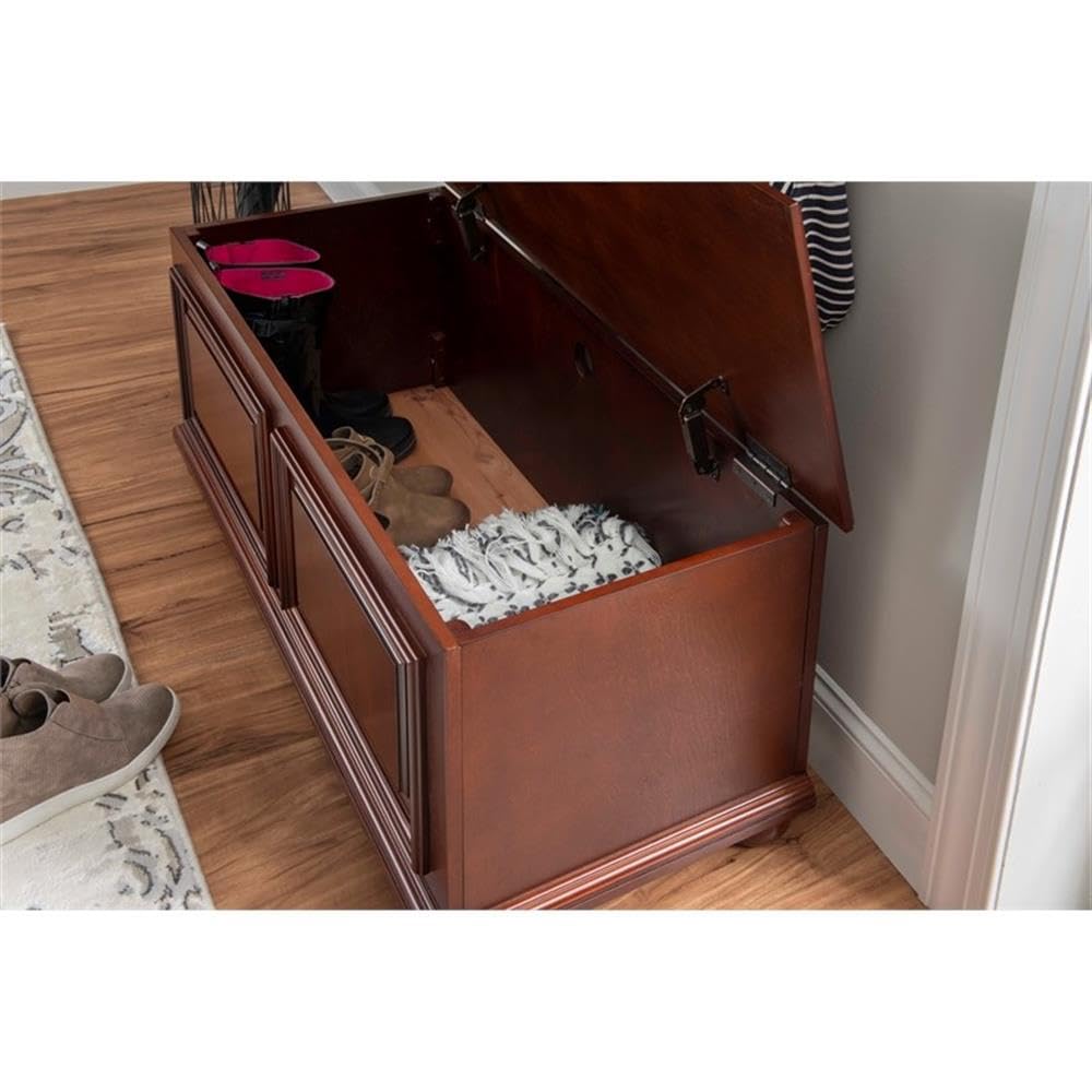 Pemberly Row Contemporary MDF Rubberwood Chest, Cherry Finish, 40.5" w x 16.75" d x 18" h, Decorative Molding, Bun Feet, Lined Storage, Child Safe Hinges, Living Room Accent Furniture