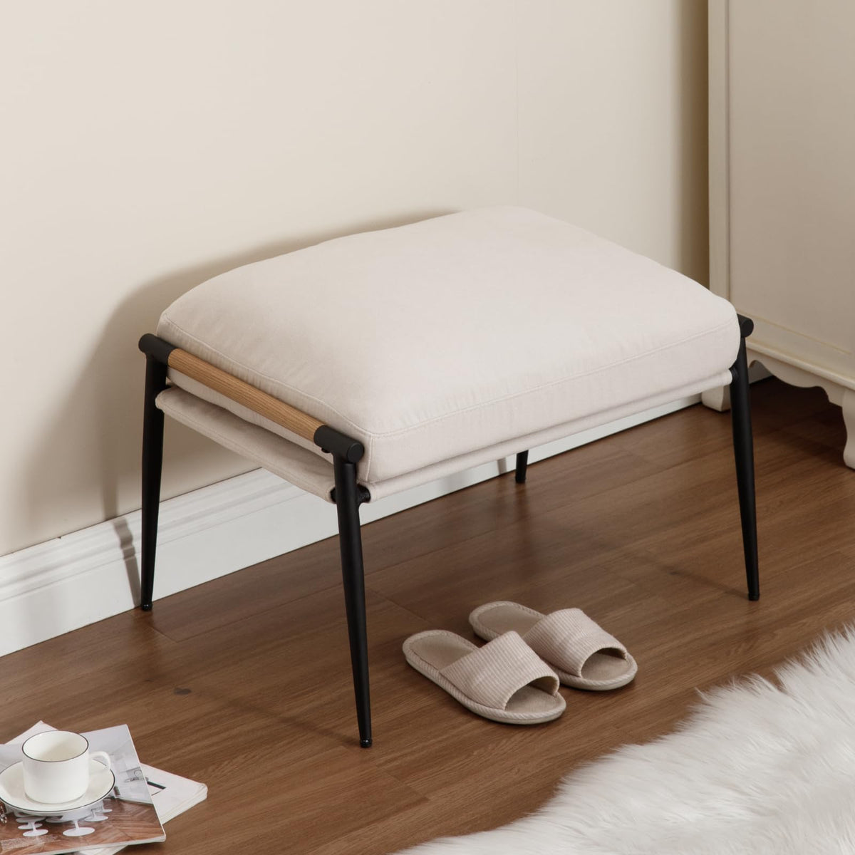Ya-Home Mid-Century Ottoman, Soft Chenille Fabric Entryway Bench Ottoman Foot Rest with Metal Legs Single Seat for Living Room Reading Room, Beige