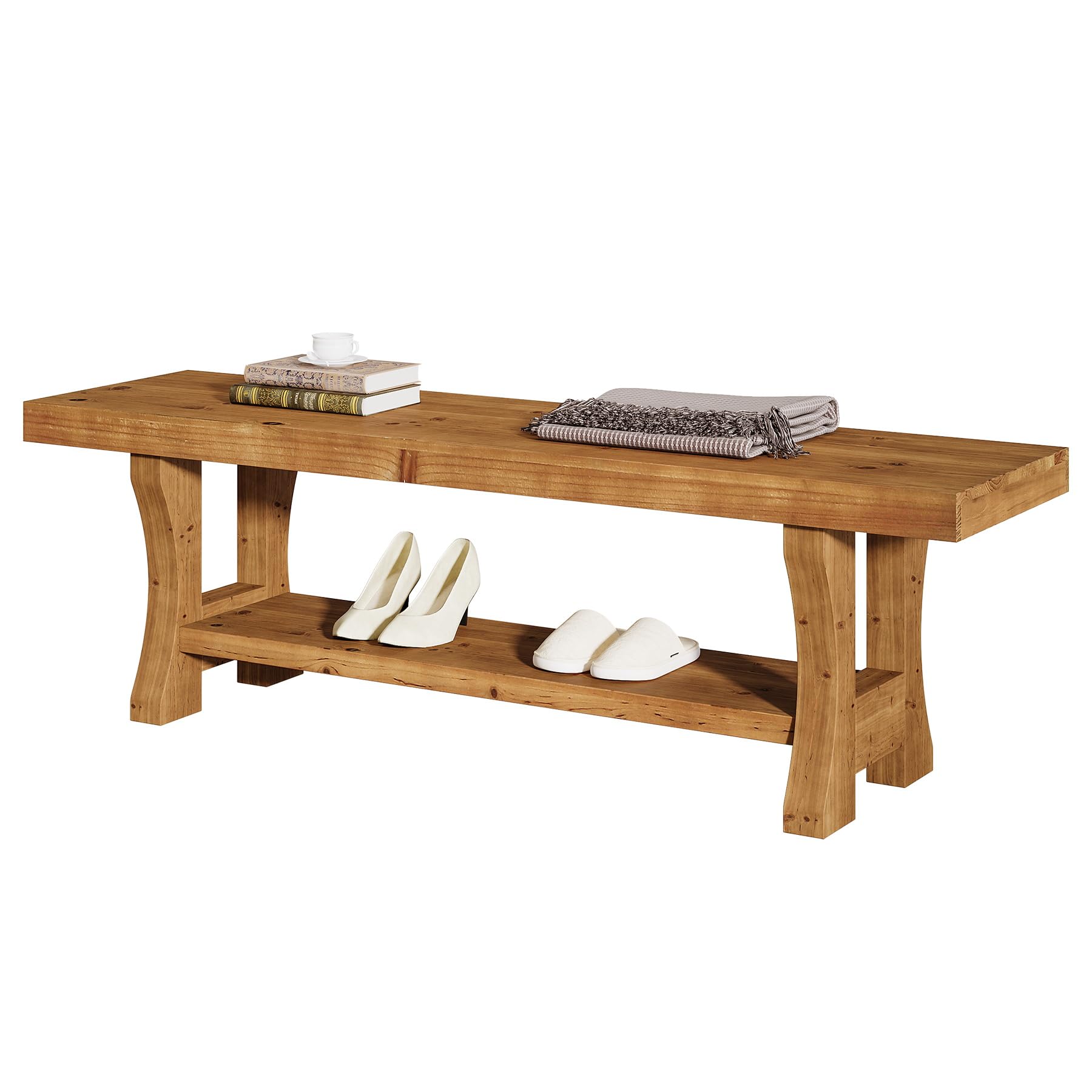 TRIBEWOOD Solid Wood Entryway Bench, 55" End of Bed Bench, Long Indoor Dining Seat for Hallway, Bedroom, Living Room, Dining Room, Easy Assembly, Brown