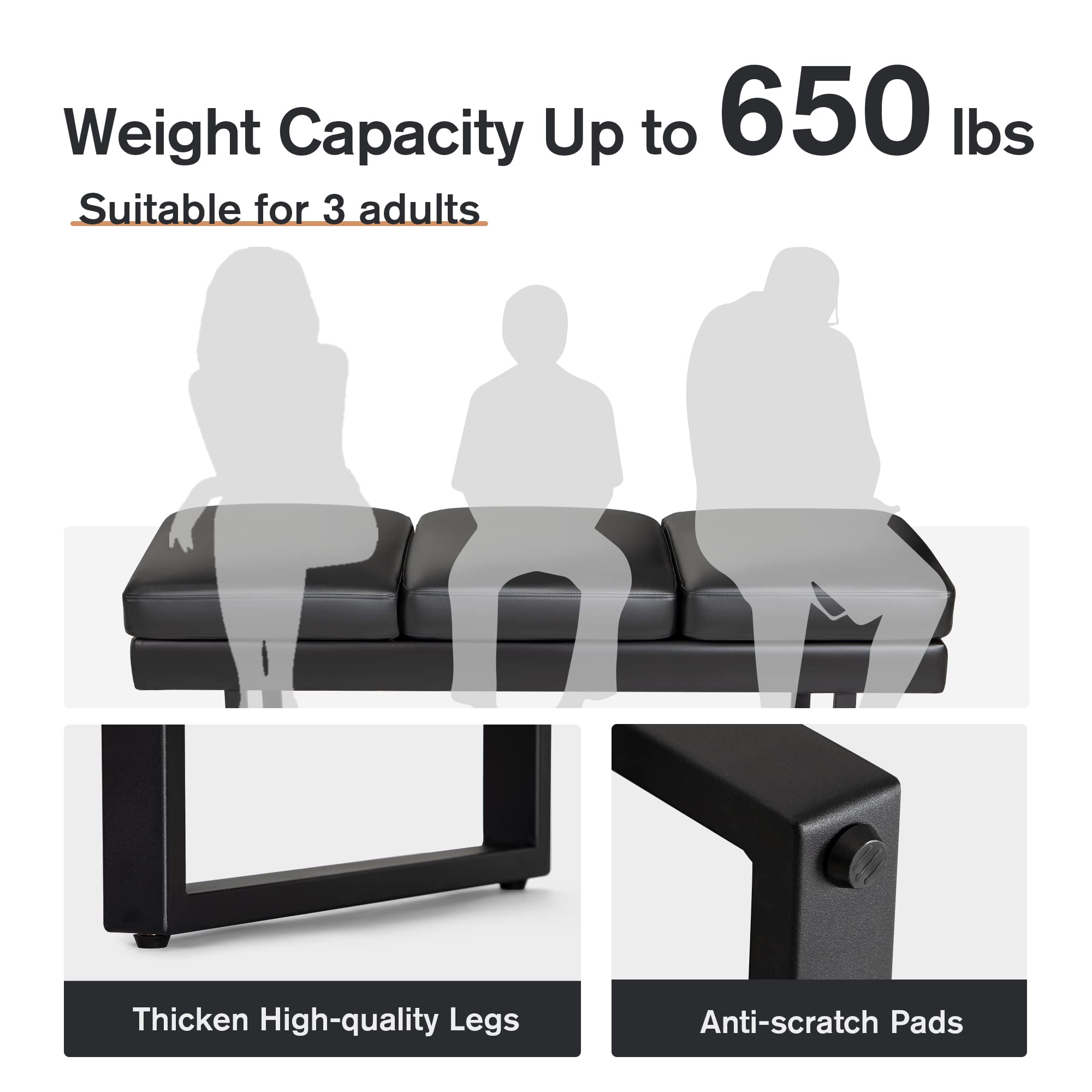 3-Seat Reception Bench with PU Leather Cushion