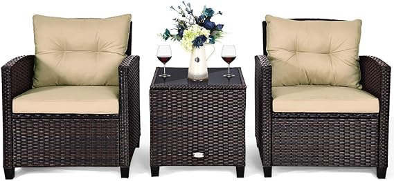 3-Piece Outdoor Rattan Conversation Set with Cushions & Glass Table