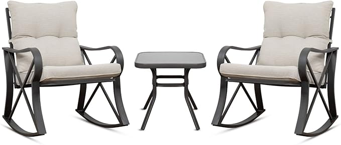 3-Piece Outdoor Rocking Bistro Set with Cushions & Glass-Top Table