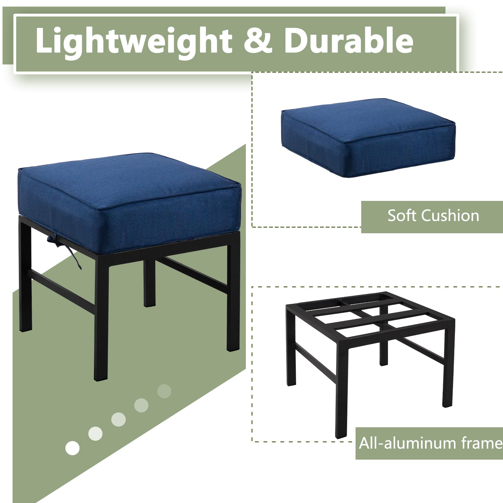 Outdoor Aluminum Patio Ottomans with Cushions – Set of 2