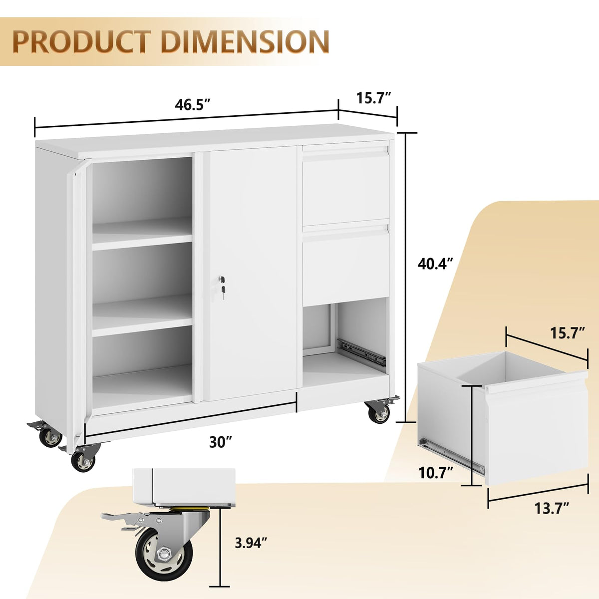 White 3-Drawer Rolling File Cabinet