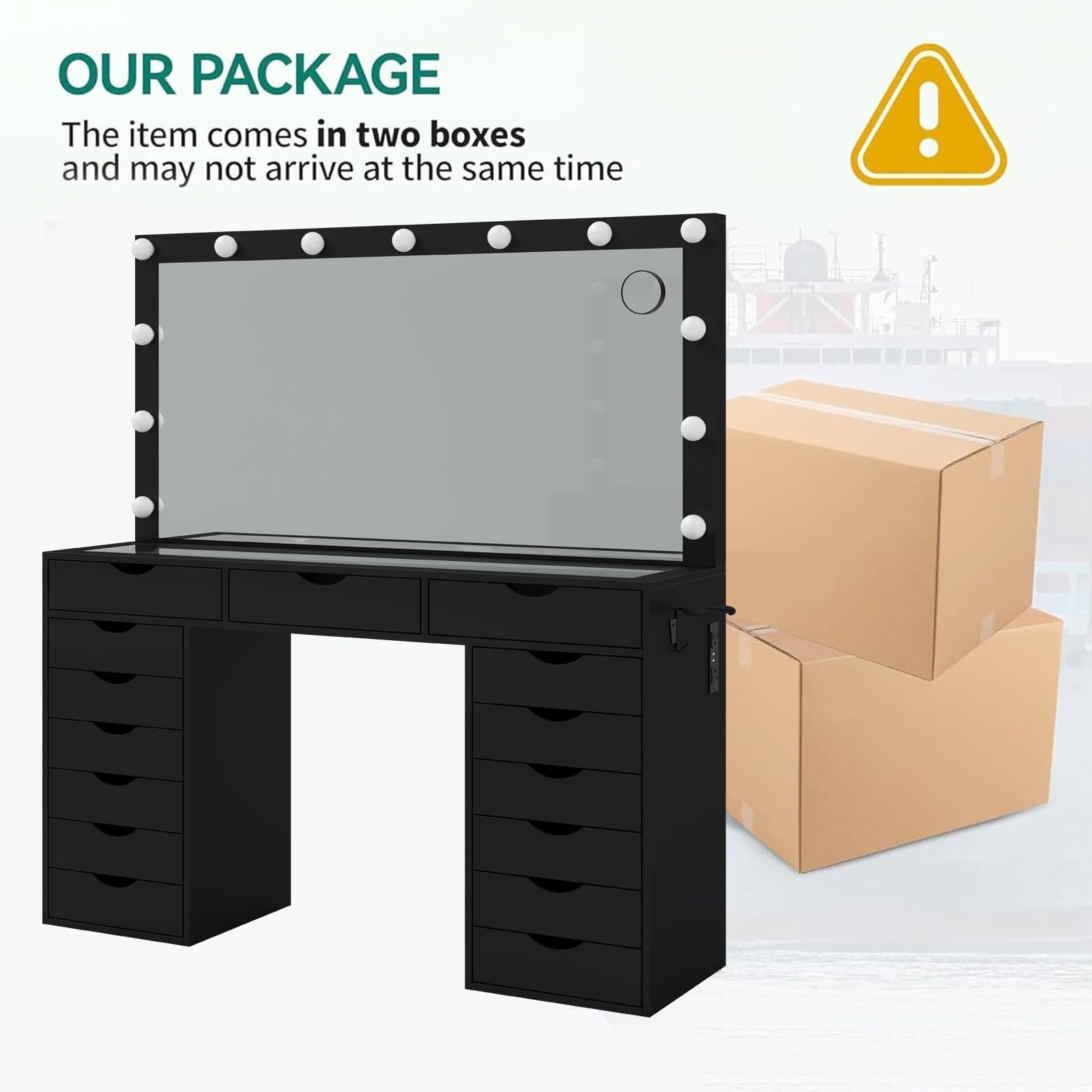 Yanosaku 15 Drawers Vanity Desk with Power Outlet, Makeup Table with Mirror and 13 LED Lights, 3 Color Lighting Modes, Brightness Adjustable, Glass Top Dressing Table, Vanity Set for Bedroom, Black