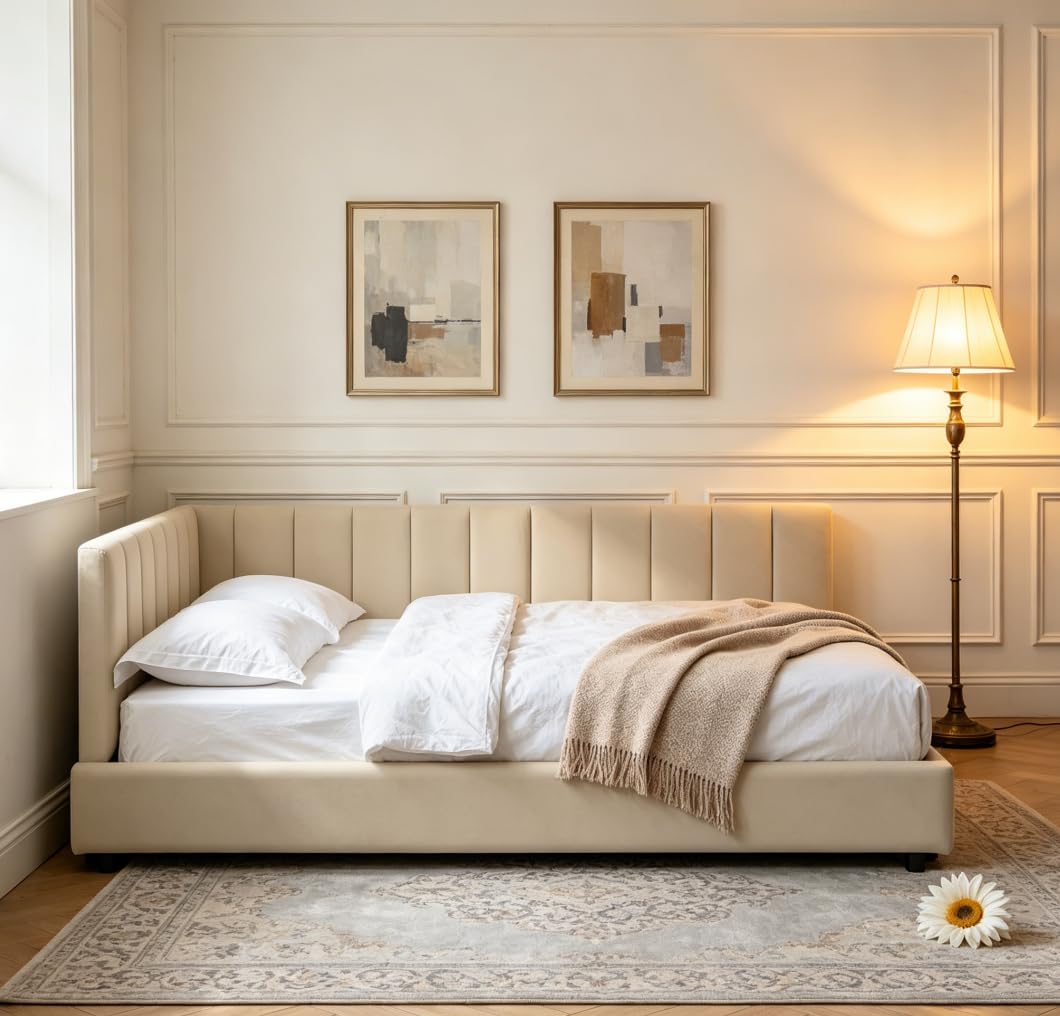 Bellemave Full daybed, Full Corner Bed, Upholstered Sofa Bed Frame with Comfortable Backrest and Armrests for Kids,Teens,Adults, Velvet, Beige