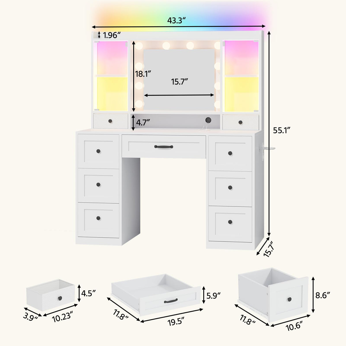 Makeup Vanity Desk with Mirror and Lights, 9 Storage Drawers, 2 RGB Cabinet