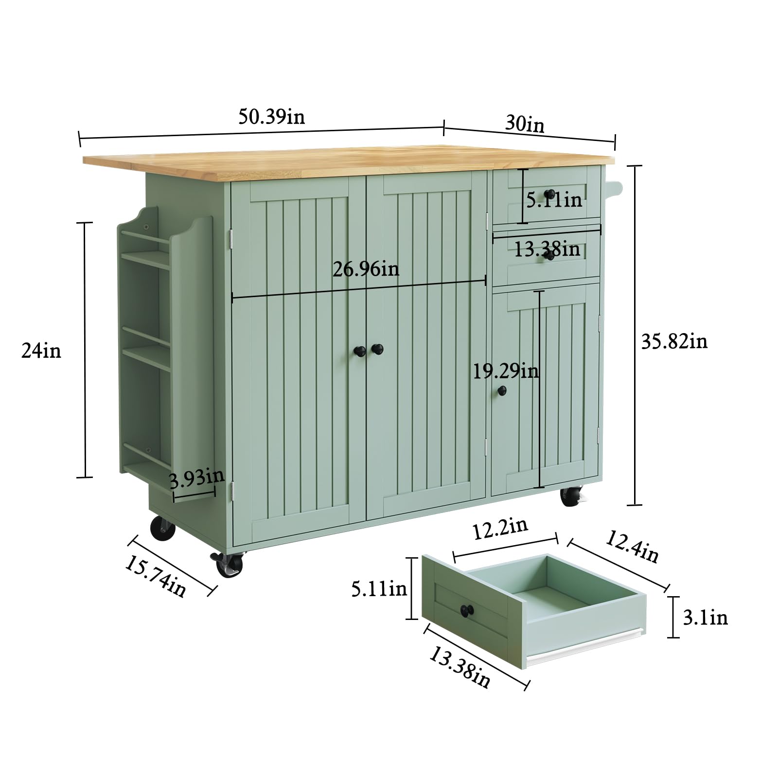 HLR Kitchen Island with Storage, Sage Green Rolling Kitchen Cart on Wheels with Drop-Leaf Bar Countertop, Islands Prep Table with Side Open Spice Rack and Tower Rack, Extra Storage for Kitchen